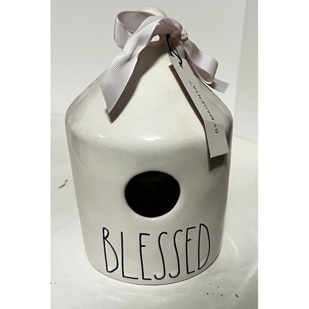 Rae Dunn Blessed White Round Birdhouse Pink Ribbon